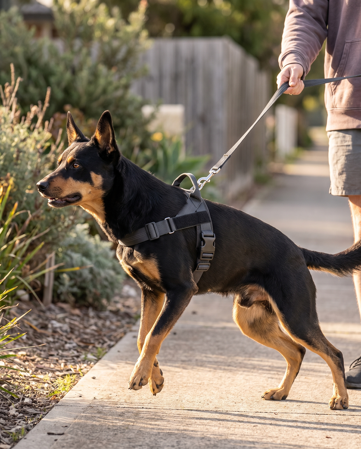 Excited Kelpie pulling forward on the footpath while its owner holds the lead