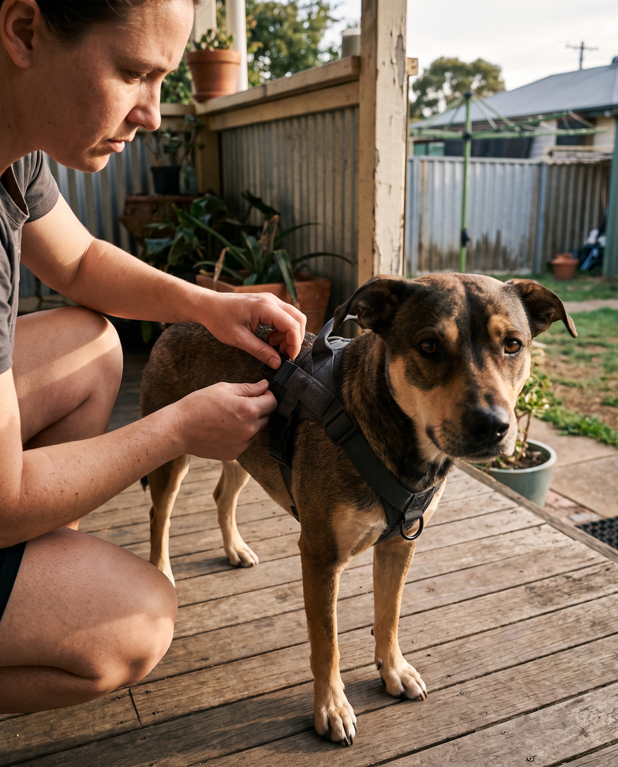 Owner adjusting the harness straps on their dog