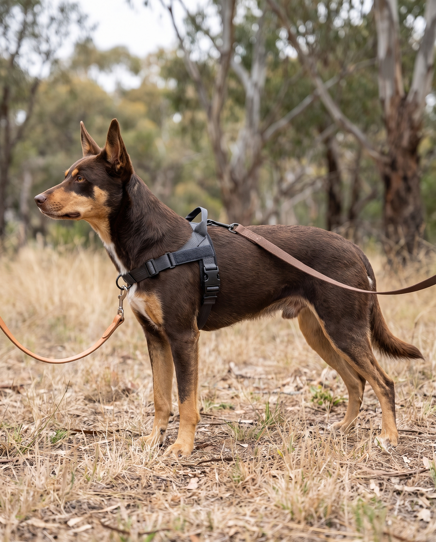 Dog in profile showing both the front chest ring and the back ring