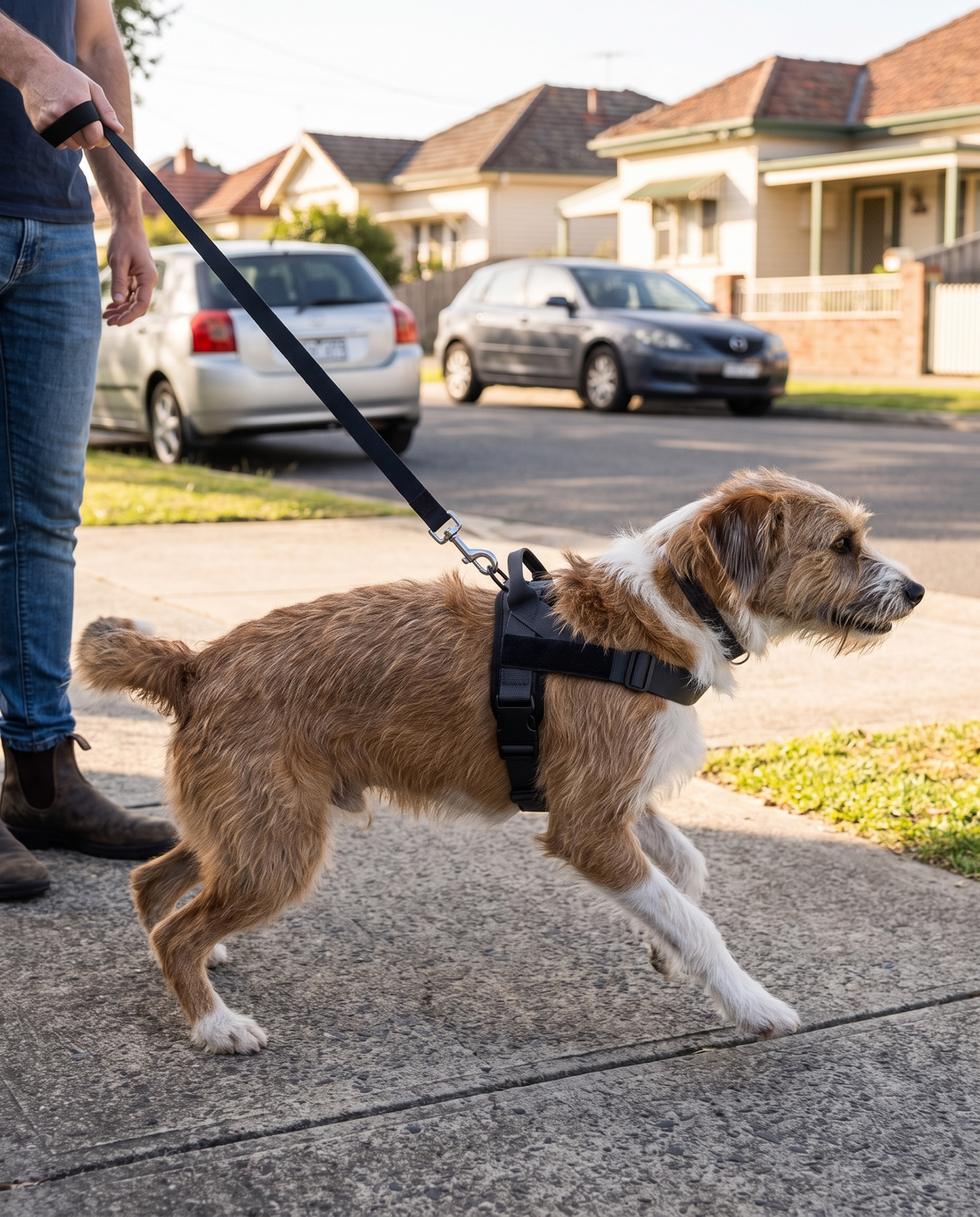 Dog surging forward is turned back towards its owner by the front chest clip