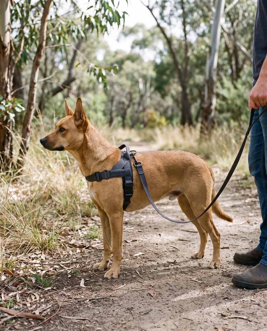 The harness straps and lead sit clear of the dog's throat